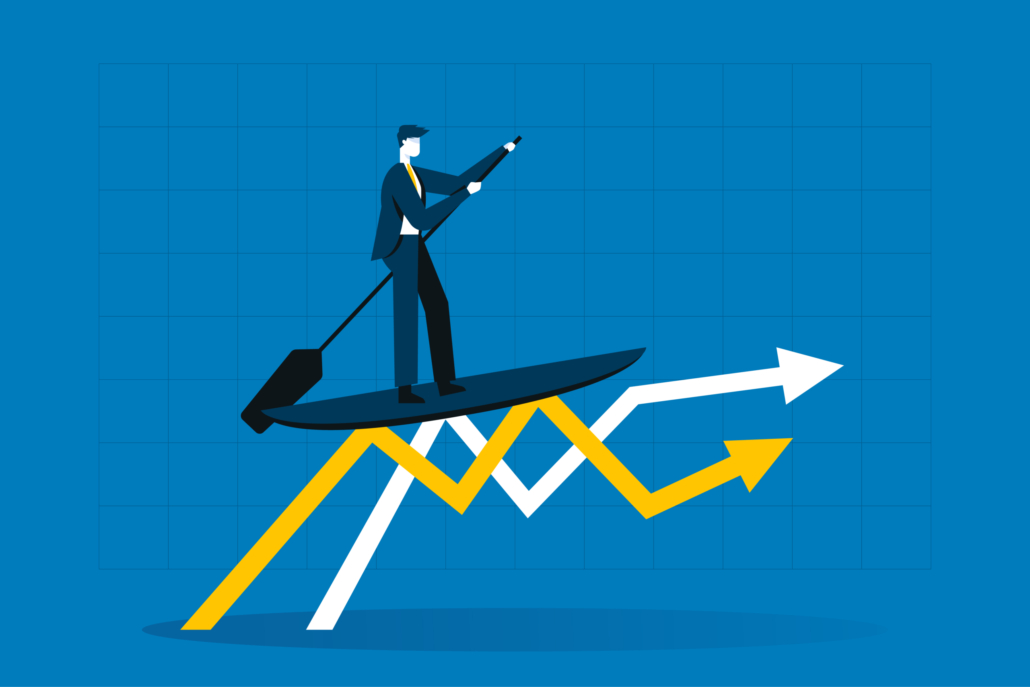 Businessman surfing financial stock graph. Riding stock graph wa